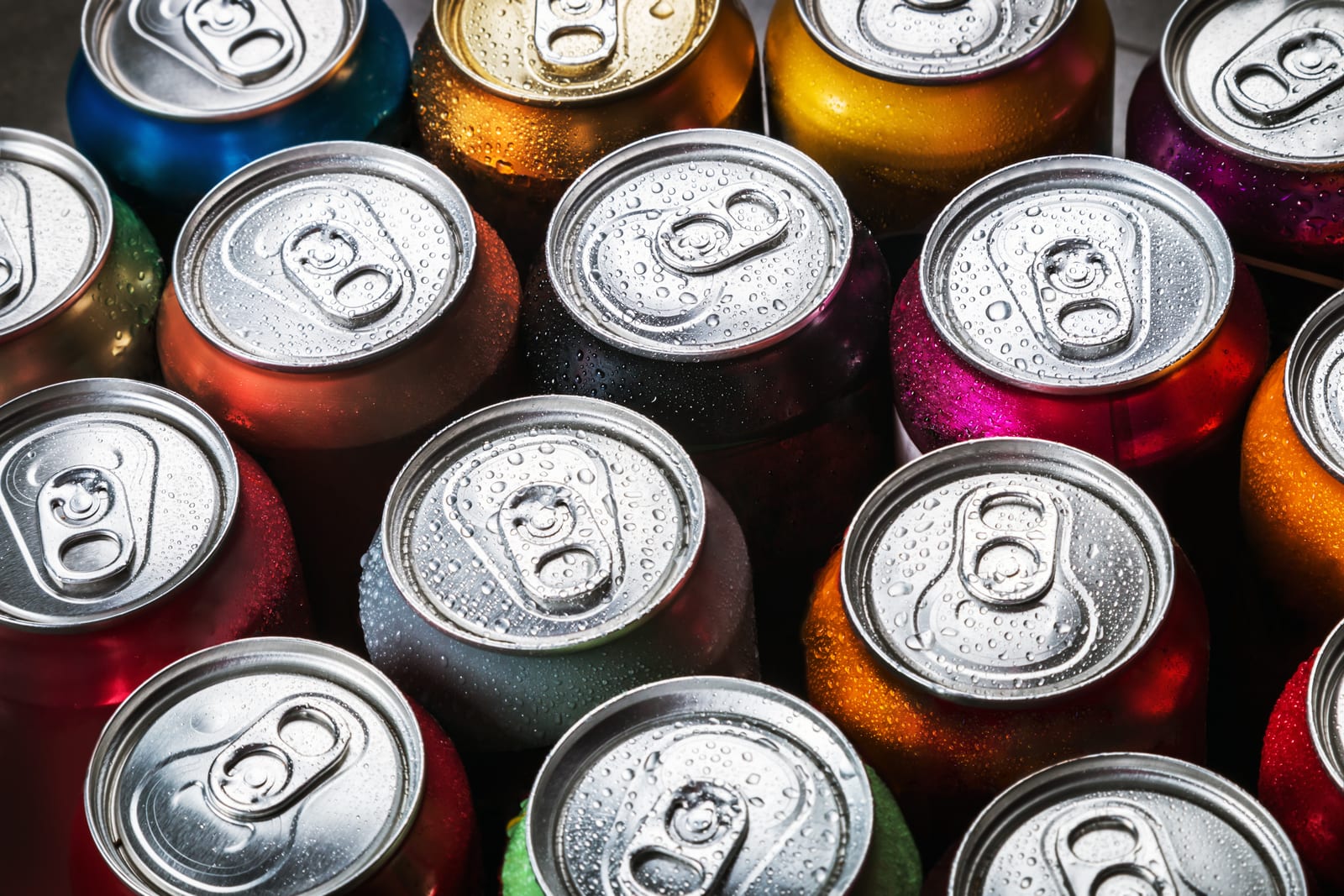 A spread of colorful energy drink cans
