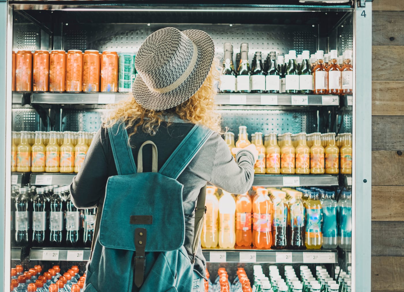 A well-stocked retail drink cooler